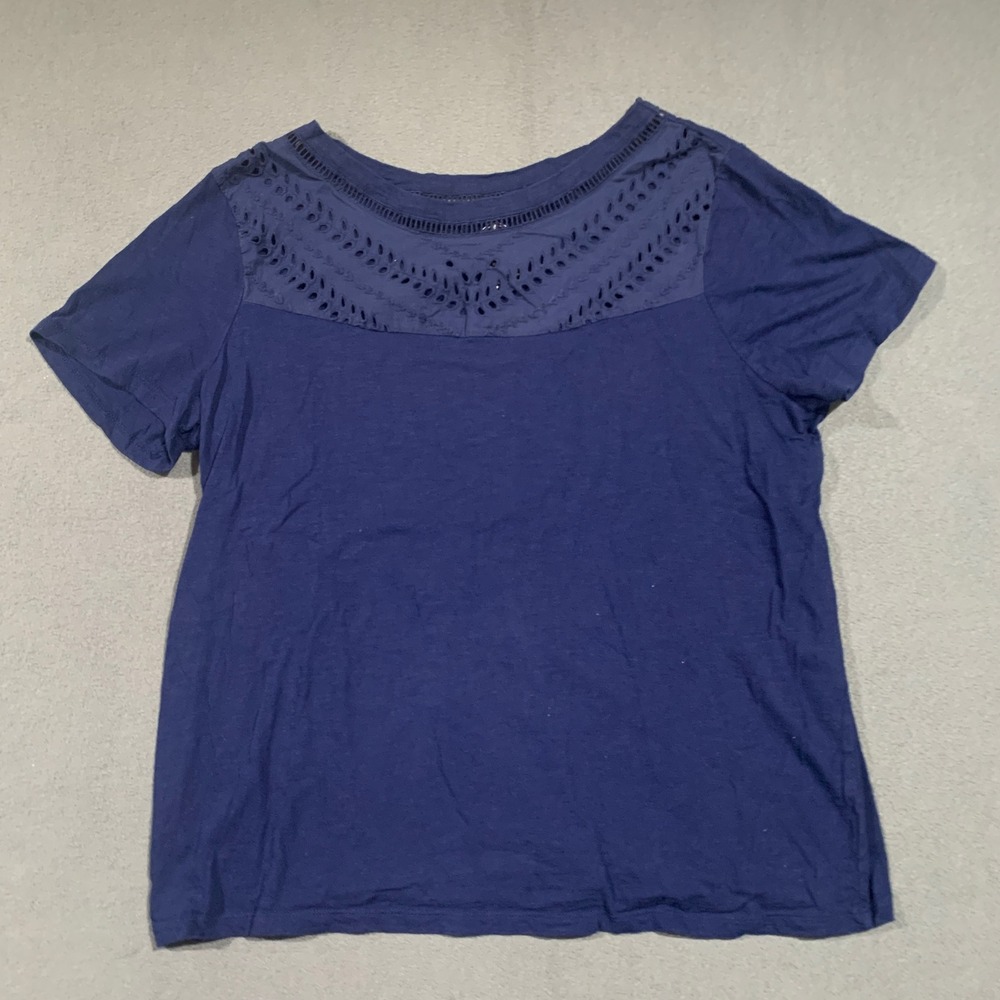 St. Johns Bay Womens XL Blue Cotton Short Sleeve T Shirt Top Crochet Yoke Casual